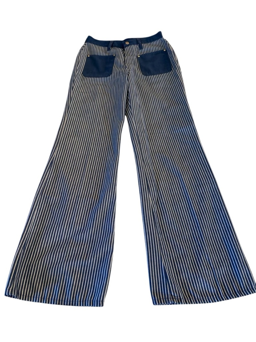 Vintage 1970s Turtle Box Bell Bottom Jeans – Blue & White Striped Wide Leg Pants